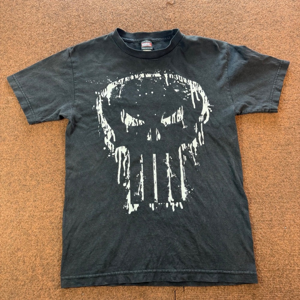 Vintage 2004 Marvel Punisher Skull T-Shirt Mad Engine Black Small Y2K Comic Tee